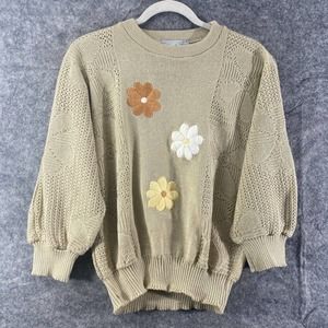 Vintage Sweater Small Beige Bay Point Threads Floral Embroidered 70s Retro